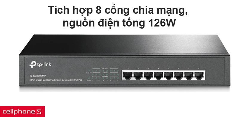 Tích hợp 8 cổng chia mạng, nguồn điện tổng 126W