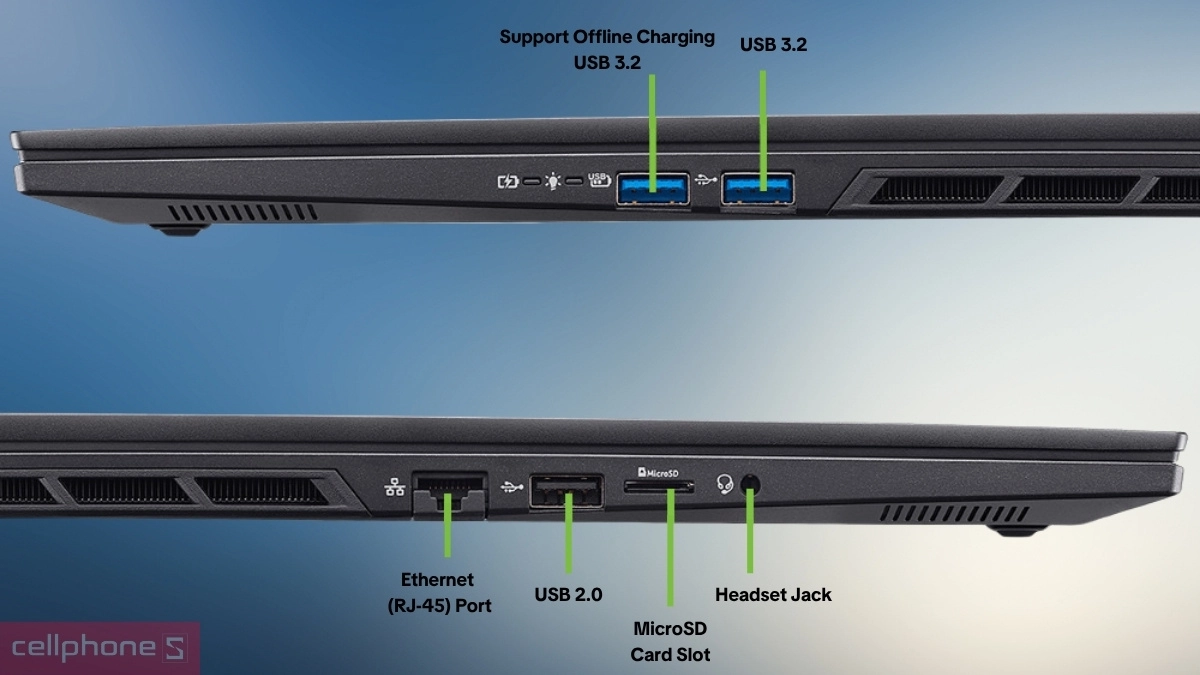 Pin, cổng kết nối của laptop Acer Gaming Nitro 16 AI ProPanel AN16S-61-R193