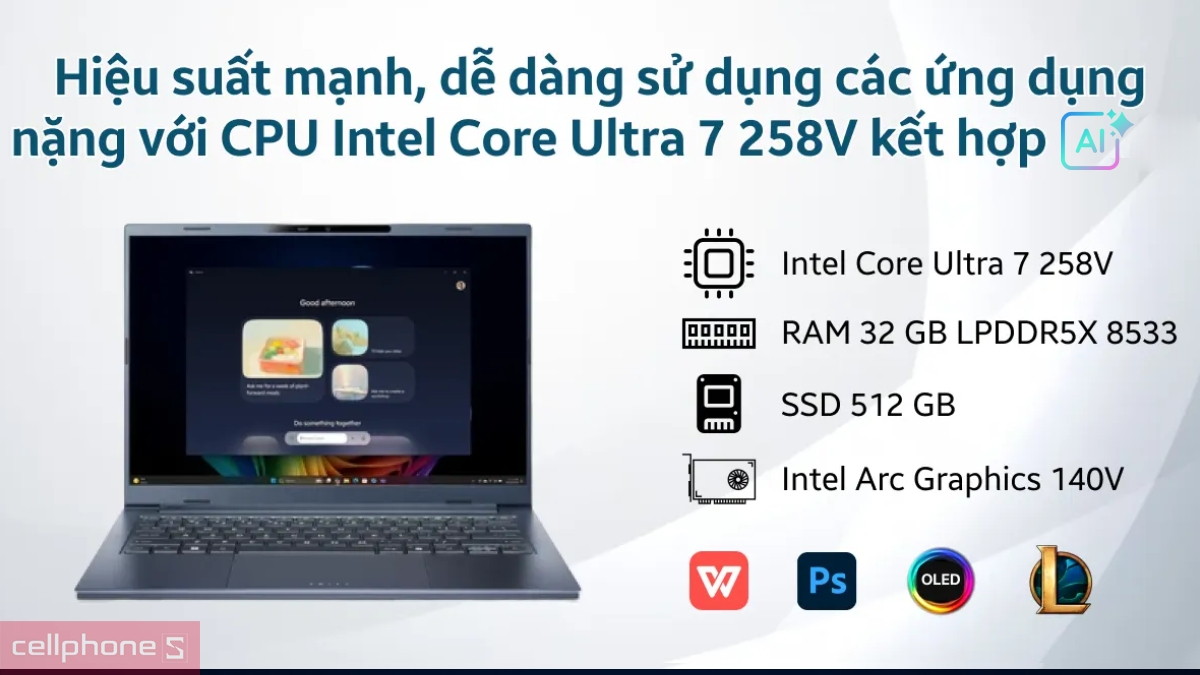 Acer Swift Go 14 phiên bản Core Ultra 7 phù hợp xử lý tác vụ chuyên sâu