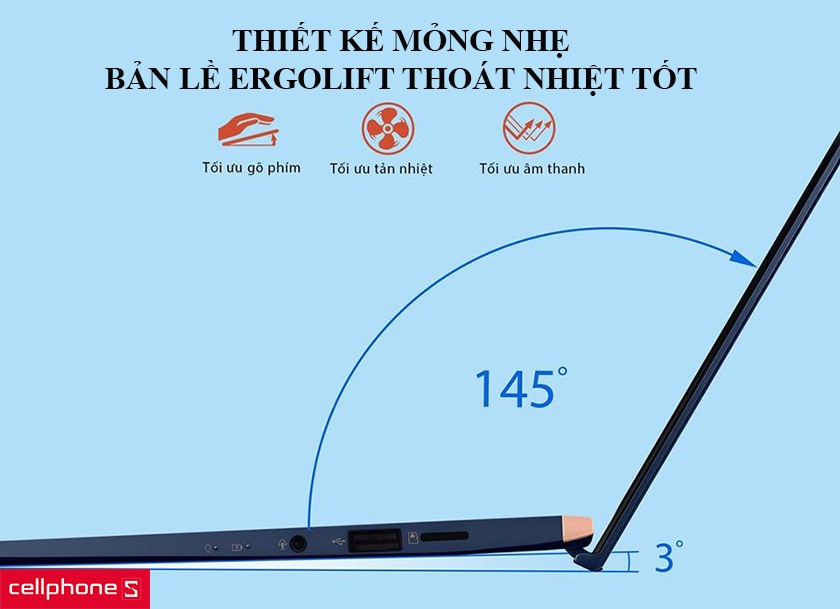 Thiết kế mỏng nhẹ, bản lề ErgoLift thoát nhiệt tốt