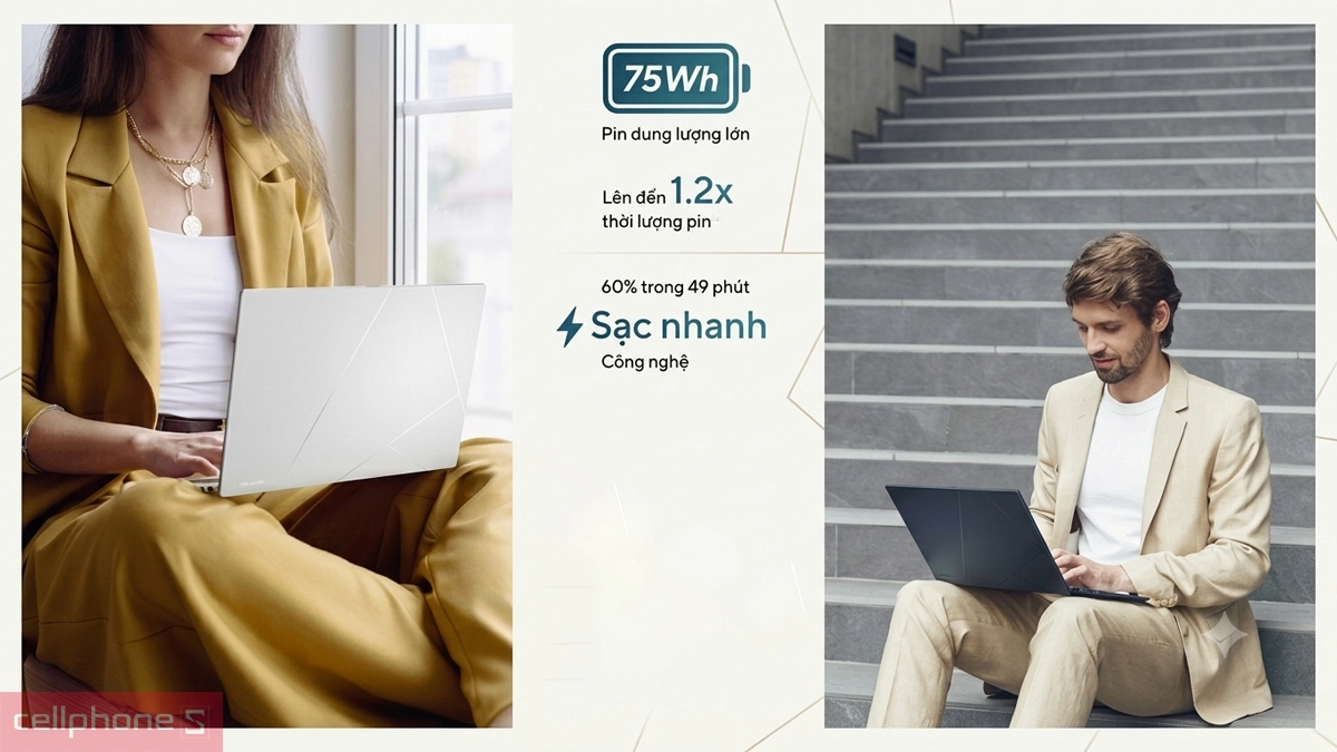 Asus Zenbook 14 trang bị pin 75Wh hỗ trợ sạc nhanh tiện lợi