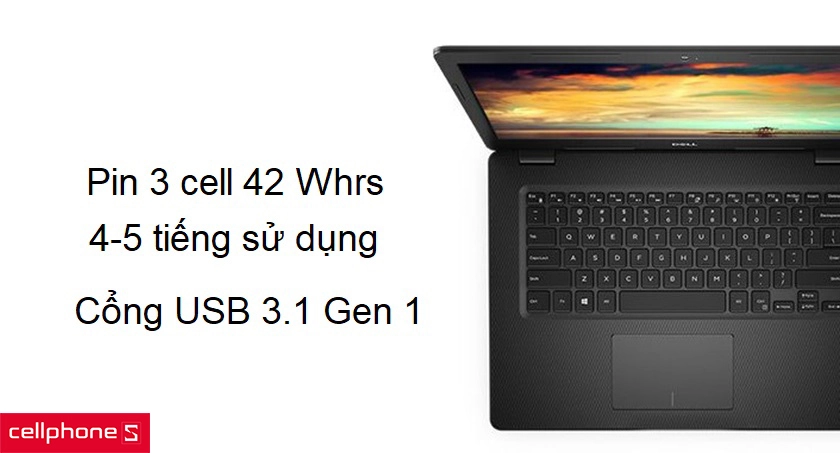 Pin 3 cell 42 Whrs và trang bị cổng USB 3.1 Gen 1