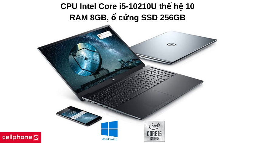 Hiệu năng tối ưu với vi xử lý Intel Core i5 thế hệ 10, 8GB RAM, ổ cứng SSD 256GB và Windows 10 Home