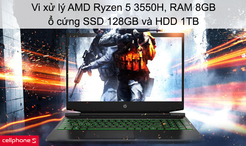 Vi xử lý AMD Ryzen 5 3550H, RAM 8GB, ổ cứng SSD 128GB và HDD 1TB