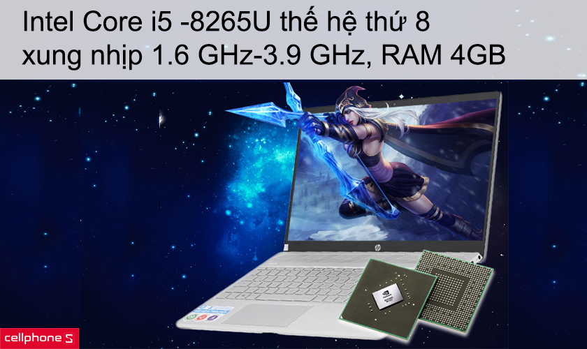 Intel Core i5 -8265U thế hệ thứ 8, xung nhịp 1.6 GHz-3.9 GHz, RAM 4GB