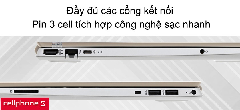 Đầy đủ các cổng kết nối, dung lượng pin 3 cell tích hợp công nghệ sạc nhanh