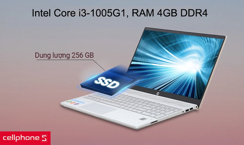 Hiệu năng ổ định với Intel Core i3-1005G1, RAM 4GB DDR4, ổ cứng 256GB