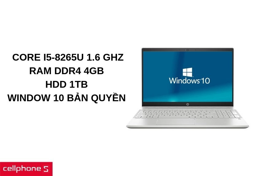 Vi xử lý Core i5-8265U tốc độ 1.6 GHz, RAM DDR4 4GB, ổ cứng HDD 1TB