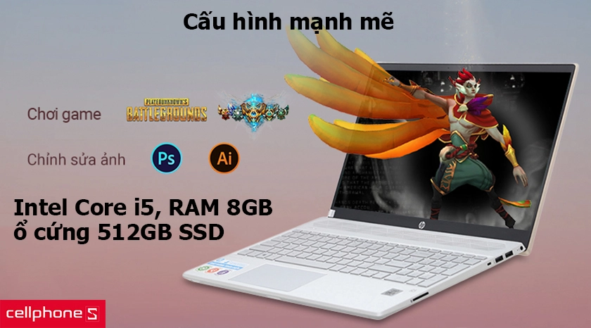 Cấu hình mạnh mẽ với CPU Intel Core i5, RAM 8GB cùng ổ cứng 512GB SSD
