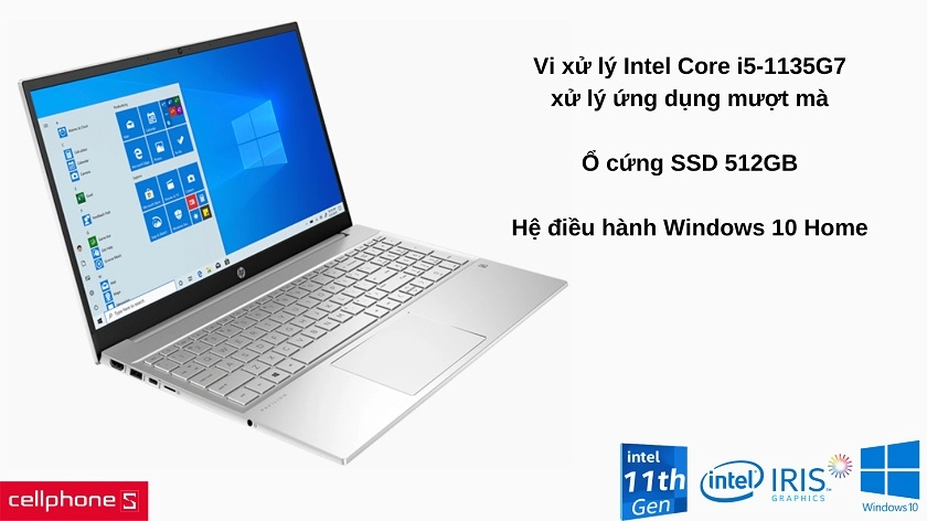 Vi xử lý Intel Core i5-1135G7 cùng ổ cứng SSD 512 GB tăng tốc độ xử lý cho hệ thống