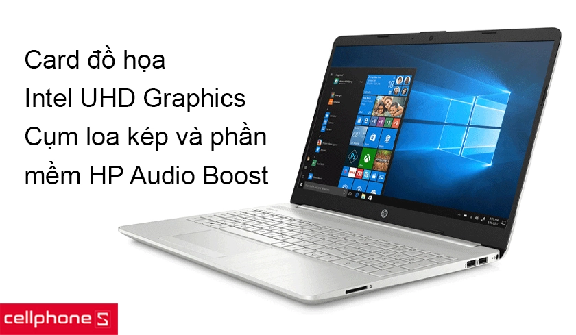 Card đồ họa tích hợp Intel UHD Graphics, cụm loa kép và phần mềm HP Audio Boost cho âm thanh tuyệt hảo