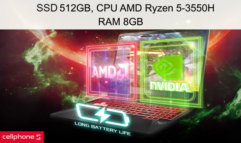 Ổ cứng SSD NVMe 512GB, CPU AMD Ryzen 5-3550H, RAM 8GB