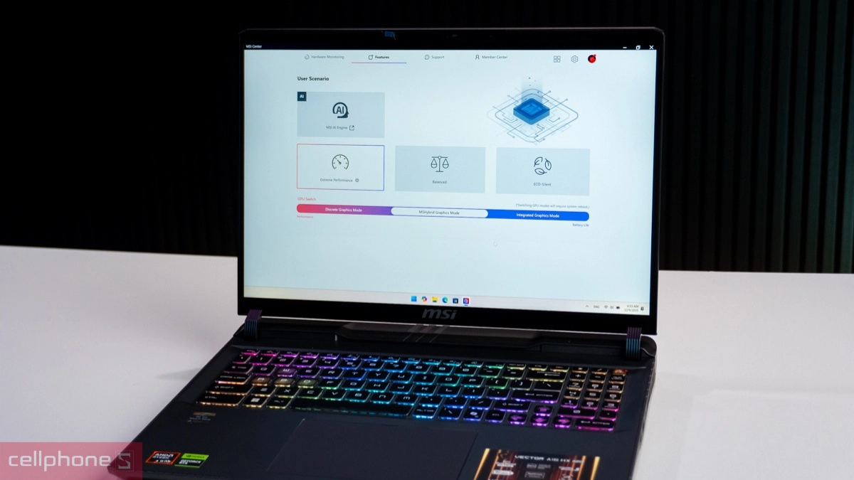 Hiệu năng tính toán, xử lý đồ họa của laptop MSI Vector A16 HX A8WHG-010VN