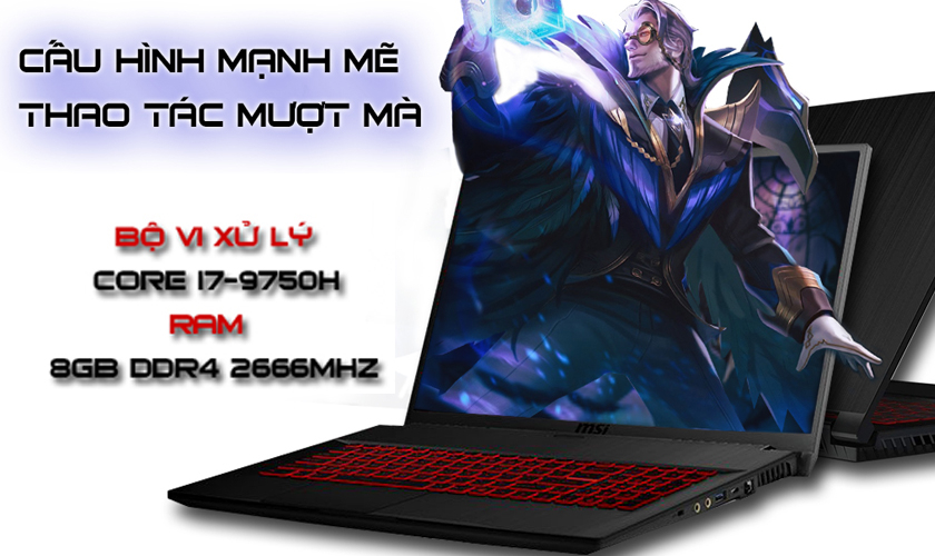 Intel Core i7-9750H, tốc độ 2.2–4.1 GHz, RAM 8GB DDR4, SSD 256GB
