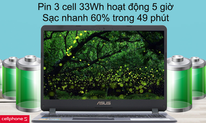 Pin 3 cell 33Wh hoạt động 5 giờ, công nghệ sạc nhanh 60% trong 49 phút