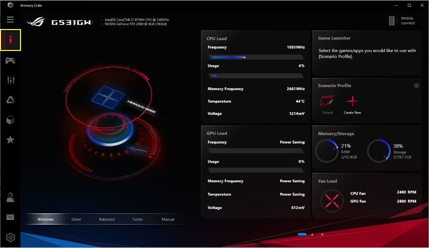 Phần mềm Armoury Crate hỗ trợ kiểm soát hệ thống toàn bộ máy tính