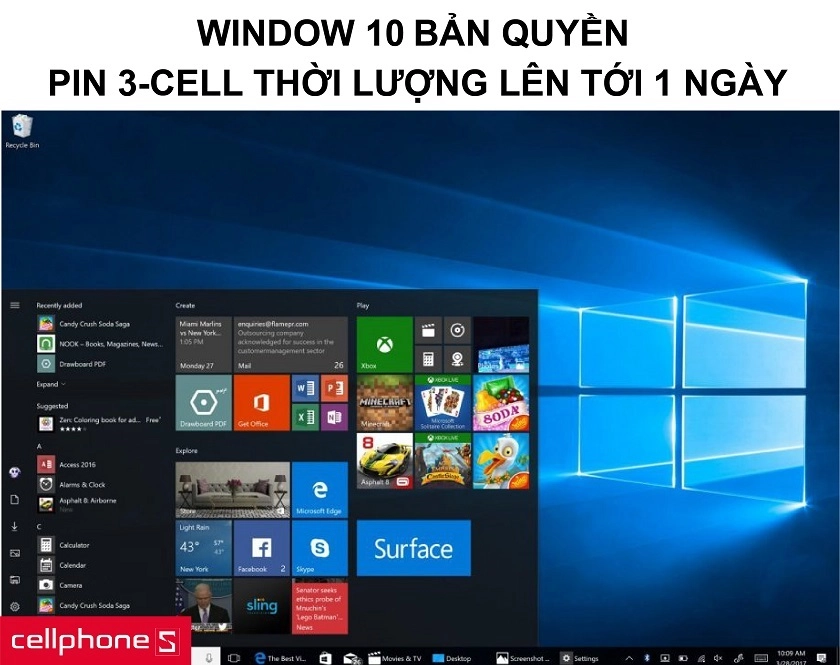 Windows 10 bản quyền kết hợp với viên pin 3-cell cho thời lượng bền bỉ