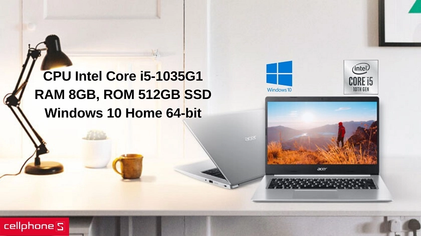 Hiệu năng tối ưu với vi xử lý Intel Core i5-1035G1, RAM 8GB và ổ cứng SSD 512GB