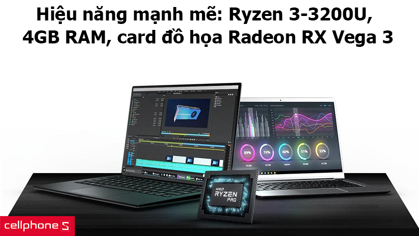 Hiệu năng mạnh mẽ: Ryzen 3-3200U, 4GB RAM, card đồ họa Radeon RX Vega 3 Graphics