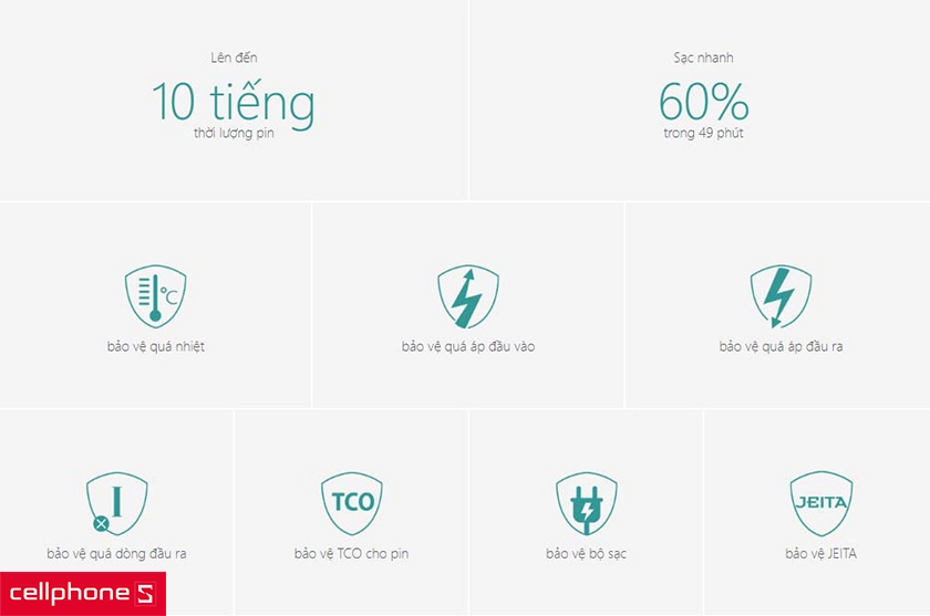 thời lượng pin lên đến 10 giờ