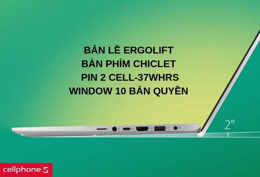 Bản lề ErgoLift, bàn phím chiclet, pin 2 cell-37WHrs, Window 10 bản quyền và hệ thống âm thanh Asus SonicMaster