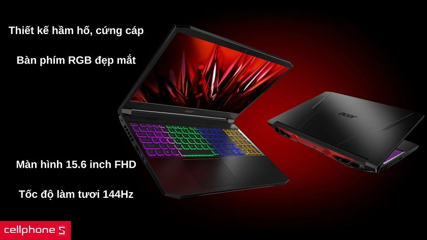Thiết kế cứng cáp với bàn phím đèn LED RGB, màn hình 15.6 inch FHD 144Hz