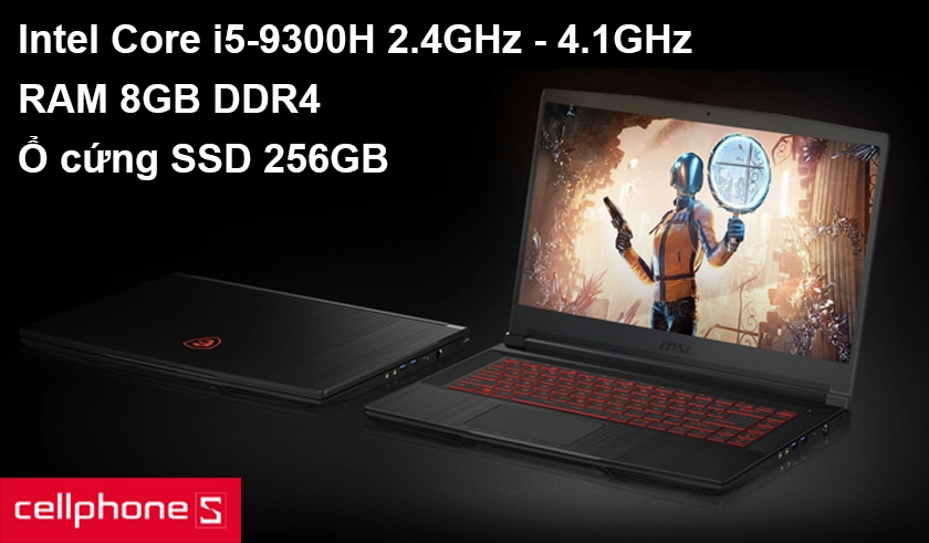 Cấu hình mạnh mẽ với bộ xử lý Intel Core i5-9300H 4 nhân 8 luồng, ổ cứng SSD 256GB, RAM 8GB DDR4 