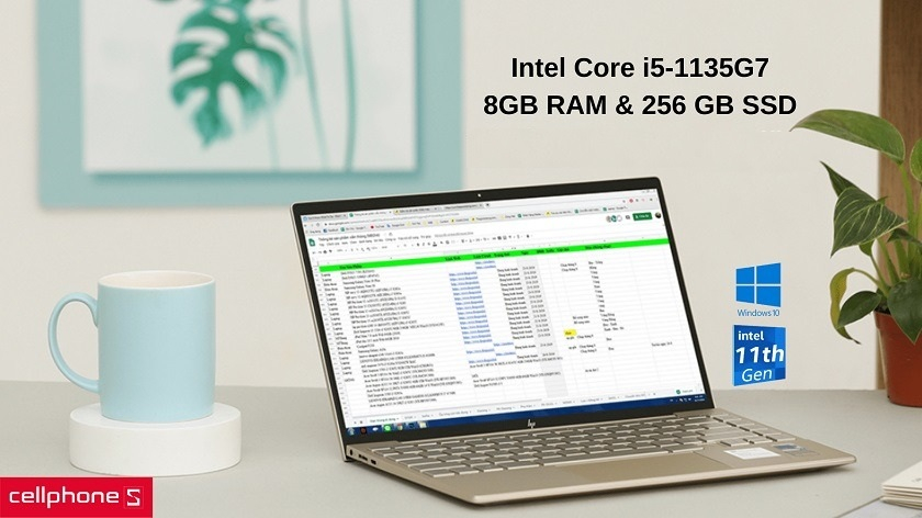 Vi xử lý Intel Core i5-1135G7, với ổ cứng SSD 256 GB kèm Windows 10 Home & Office bản quyền