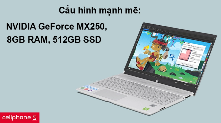 Cấu hình mạnh mẽ: NVIDIA GeForce MX250, 8GB RAM, 512GB SSD