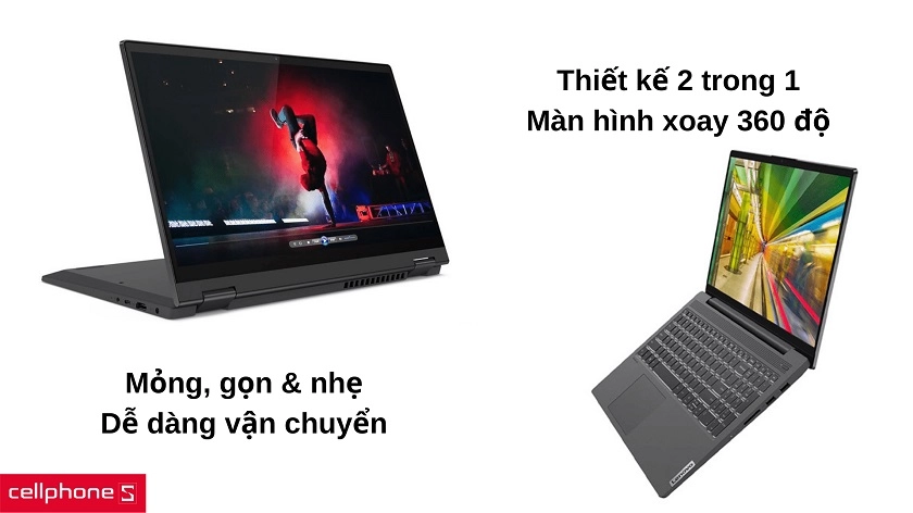 Thiết kế 2 trong 1 gọn nhẹ, di chuyển thoải mái với khả năng xoay 360 độ