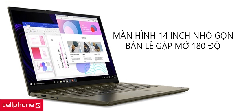 Màn hình 14 inch nhỏ gọn, hiển thị rõ ràng, bản lề gập mở 180 độ