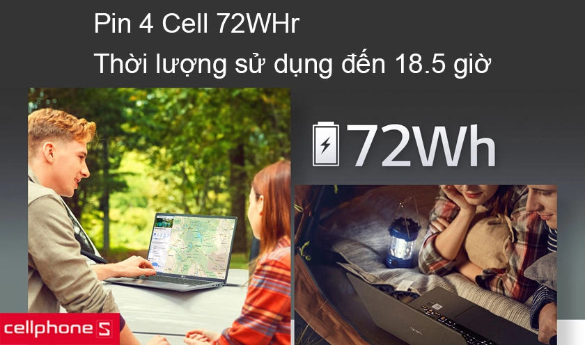 Pin 4 Cell 72WHr cho thời gian sử dụng liên tục lên đến 18.5 giờ