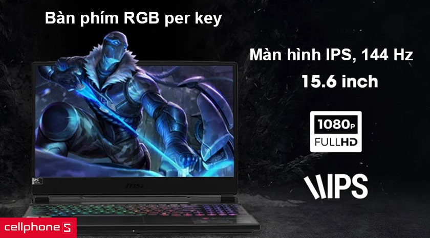 Màn hình IPS, tần số quét 144 Hz, bàn phím RGB per key tùy biến đa màu sắc