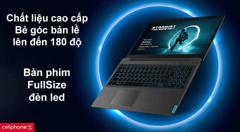 Thiết kế chất liệu cao cấp bẻ góc lên đến 180 độ, bàn phím Full size đèn LED