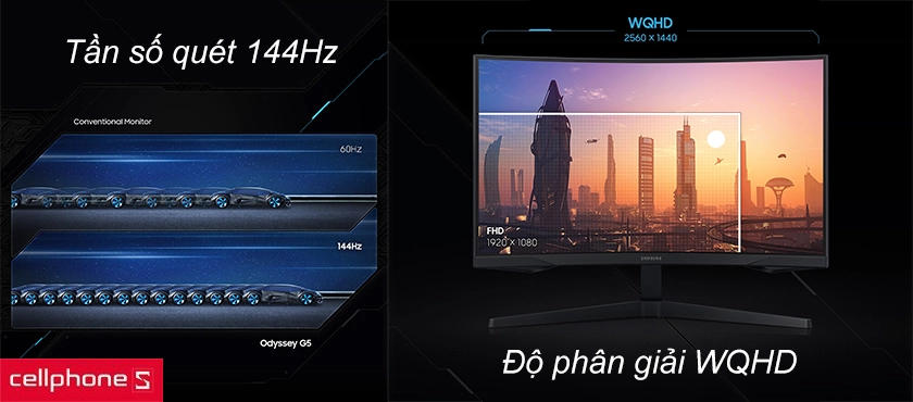 Sắc nét hơn với độ phân giải WQHD, tần số quét siêu tốc 144Hz