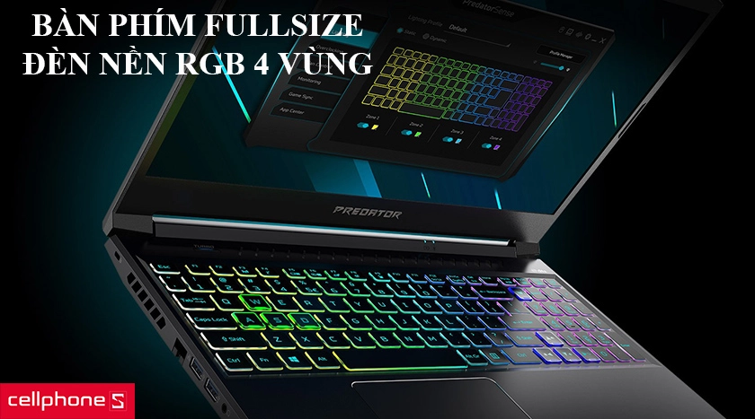 Bàn phím fullsize, font chữ Predator cùng đèn nền RGB 4 vùng