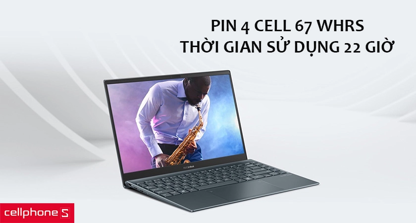 Pin 4 cell 67 WHrs cho thời gian sử dụng 22 giờ