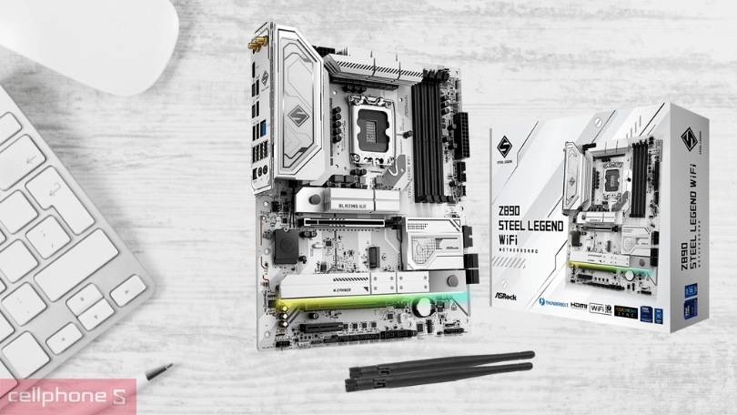 Hệ thống cổng kết nối và khe RAM của mainboard Asrock Z890 Steel Legend Wifi D5