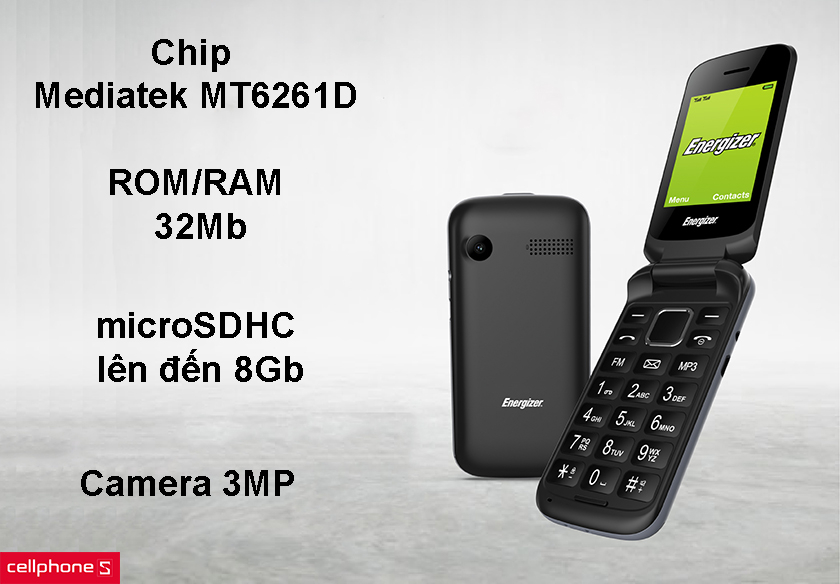 Chip Mediatek MT6261D, bộ nhớ Ram/Rom 32Mb hỗ trợ thẻ nhớ, camera sau độ phân giải 3MP