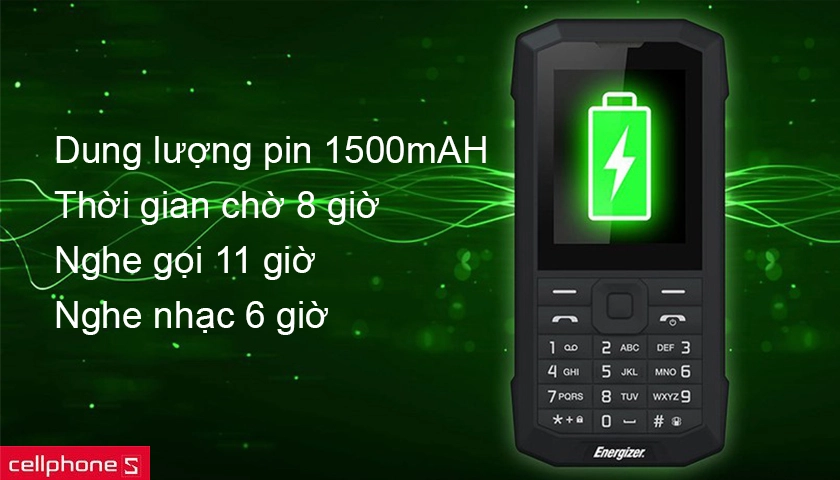 Dung lượng pin 1500mAh, thời gian chờ đến 8 ngày