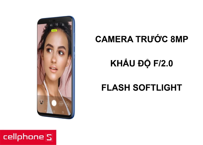 Camera trước 8MP và cụm camera kép sau f/1.8 13MP + 2MP kết hợp cùng AI cho những bức ảnh tốt nhất