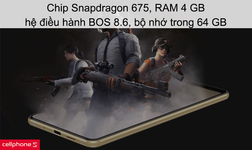 Chip Snapdragon 675, RAM 4 GB, hệ điều hành BOS 8.6, bộ nhớ trong 64 GB