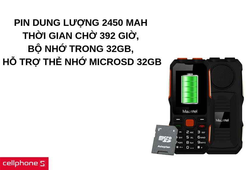 Viên pin dung lượng 2450 mAh cho 392 giờ, bộ nhớ trong 32GB, hỗ trợ thẻ nhớ microSD 32GB