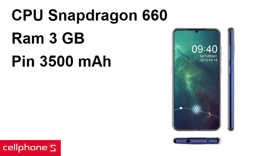Hiệu năng mạnh mẽ với CPU Snapdragon 660 và Ram 3 GB, dung lượng pin 3500 mAh