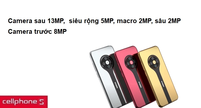 Cụm 4 camera sắc nét rộng 13MP, siêu rộng 5MP, macro 2MP, sâu 2MP, camera trước 8MP