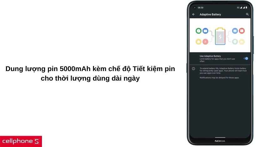 Dung lượng pin 5000mAh đi kèm sạc nhanh cho thao tác sử dụng dài ngày
