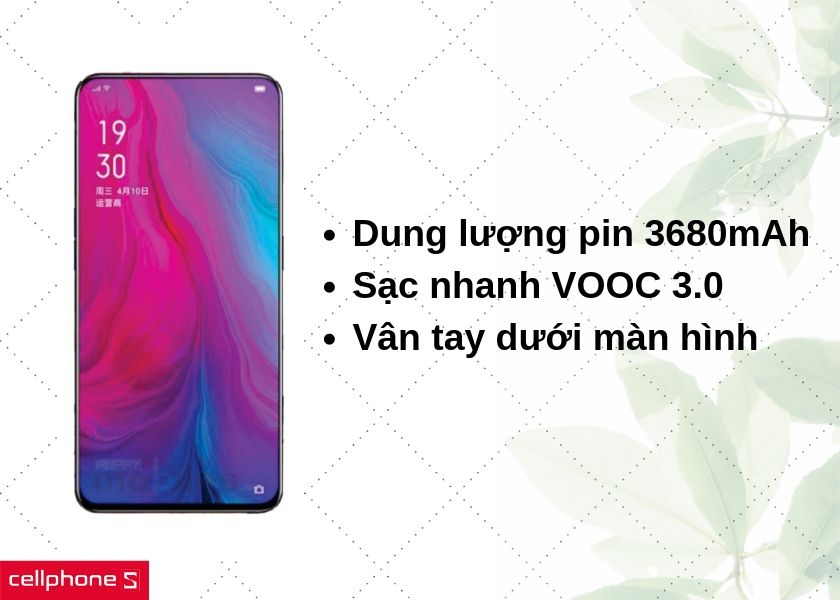 Dung lượng pin 3680mAh hỗ trợ sạc nhanh VOOC 3.0, bảo mật tốt với vân tay dưới màn hình
