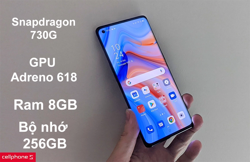 Chip Snapdragon 730G, GPU Adreno 618, RAM 8GB, bộ nhớ 256GB