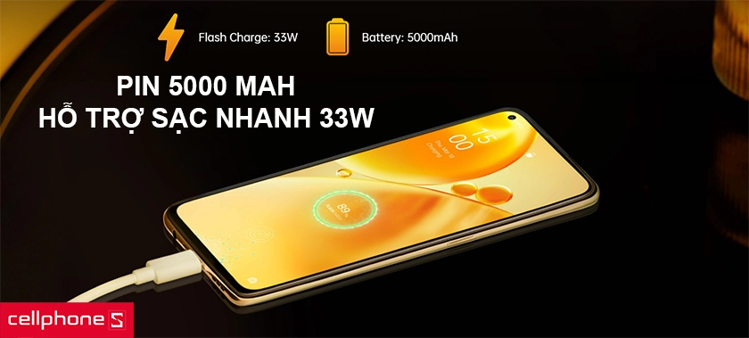 Pin 5000 mAh dung lượng lớn, hỗ trợ sạc nhanh 33W