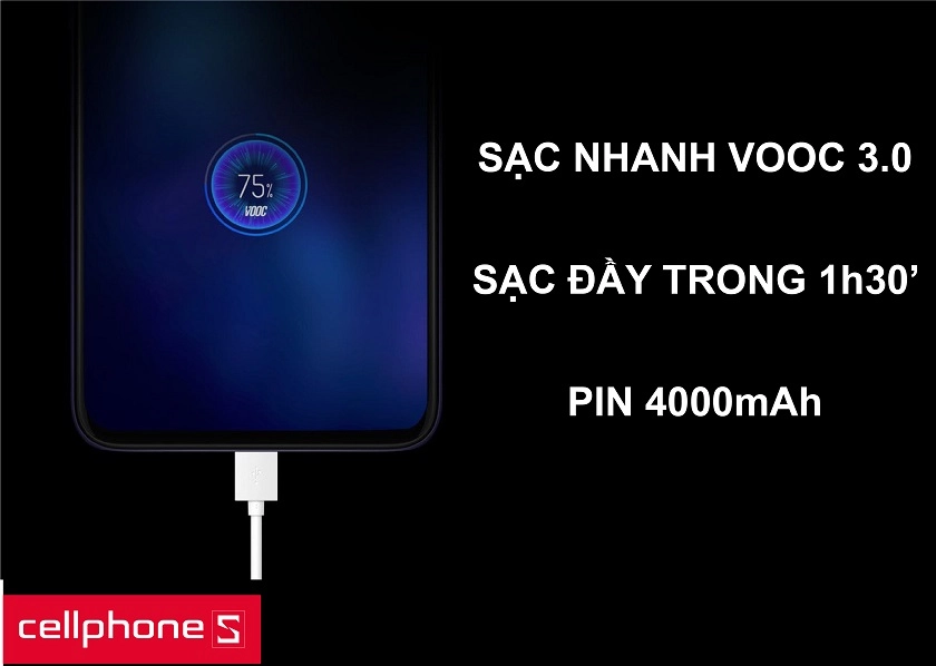 Viên pin 4000 mAh hỗ trợ sạc nhanh VOOC 3.0 thông qua cổng USB Type – C 